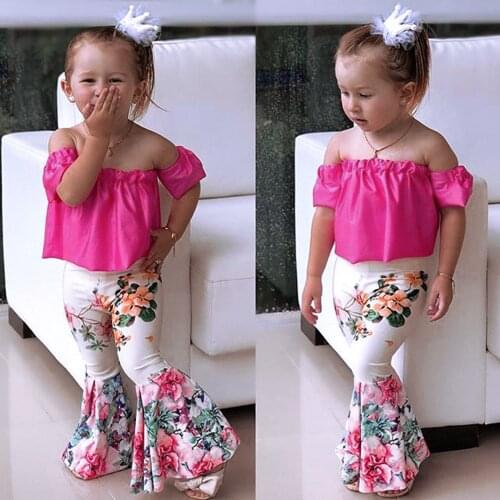 Summer Fashion 2Pcs Sets Toddler Baby Kids Girls Solid Off Shoulder Tops + Floral Bell-Bottom Trousers Pants Suits Set Outfits