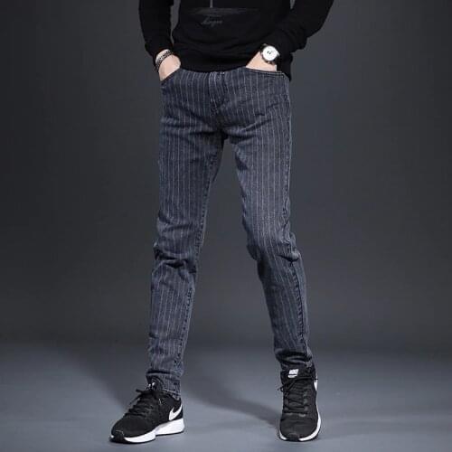 Men Striped Jeans Fashion Stretch Straight Fit Pants 2020 Autumn Winter Dark Gray Denim Trousers