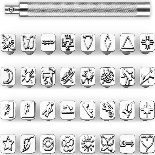 LMDZ 33PCS Leather Stamping Tool Set 32 PCS Leather Stamps Patterns + 1 Stamping Handle for Leather Craft For DIY