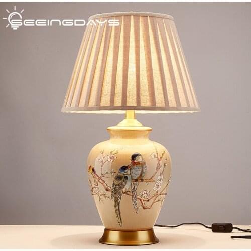 38x65cm New Chinese Ceramic Table Lamp For Living Room Bedroom Bedside Lamp American Idyllic European Retro Villa Flower Lamp