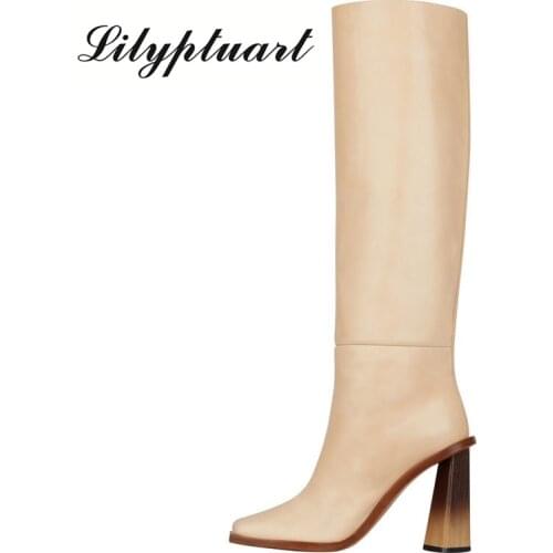 2020 autumn and winter new thick high-heeled shaped heel high boots square toe long boots large size womens boots