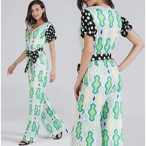 S-XL new v neck short sleeve jumpsuit full length floral print dot trousers jumpsuit spring autumn casual leisure brand jumpsuit