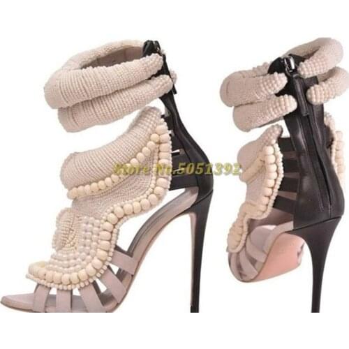 Handmade Custom Made Pearls Decoration Sandals Round Toe Thin High Heel Back Zipper Cut Out Dress Women Shoes
