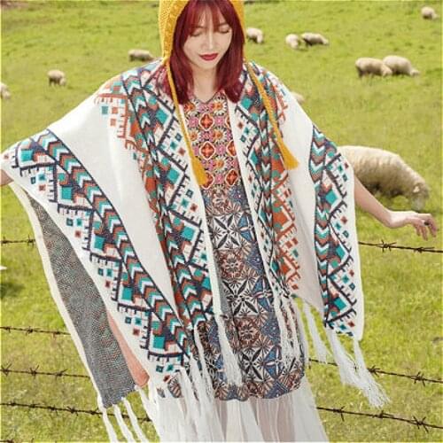 TEELYNN Bohemian Autumn Scarf Women 2021 Vintage Ethnic Knit Warm Shawl Cardigan Wraps White/Black Boho Scarf Cape Cloak Coat