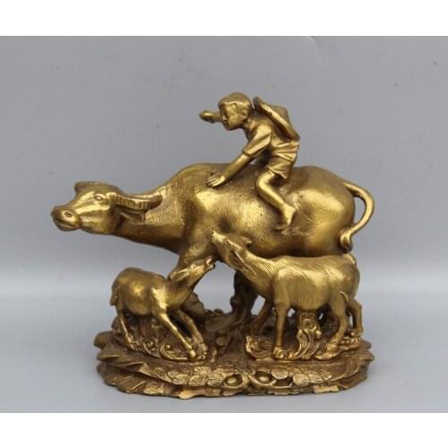 China Fengshui Pure brass Shepherd boy Ride Oxen bull Cattle Animal statue