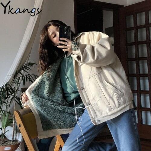 Plus Velvet Thick Autumn And Winter Cotton Clothing New Korean Stitching WomenS Fashion Coat Female Student Short Denim Jacket