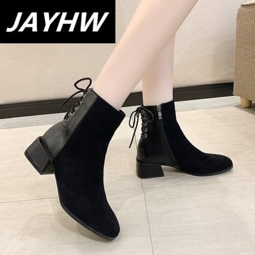 Women Ankle Boots Office Faux Suede Ladies Short Boots Pointed Toe Square Heels Woman Shoes Solid Female Boot Lace Up 2021 New