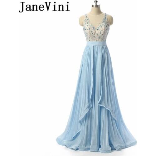 JaneVini Sequins Crystal Chiffon Long Bridesmaids Dresses V-Neck Sleeveless Floor Length Women Formal Dress for Prom Party Wear