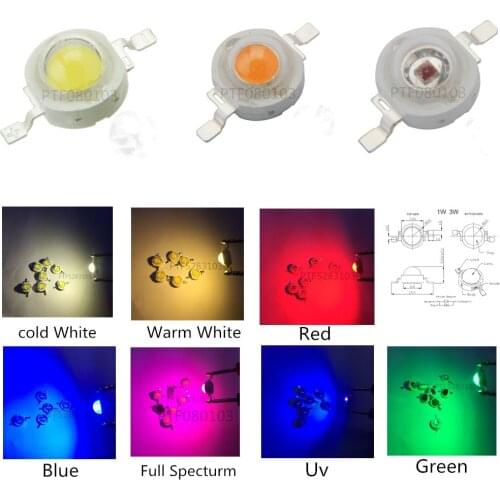 100pcs/lot LED Diodes Light Chip Ball 1W / 3W Cool Warm White Red Blue Green Yellow Pink RGB UV Full Spectrum LED Light Beads