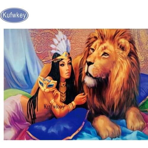 Mosaic full embroidery,sale 5d diy diamond painting"Egypt queen with lion animal"full square/round drills Picture Of Rhinestones