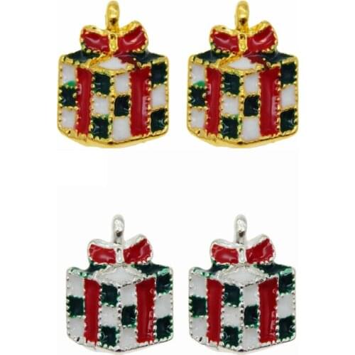 Julie Wang 15pcs Enamel Christmas Gift Box Charms Alloy Gold Silver Color For Jewelry Pendant Making Xmas Hanging DIY Findings