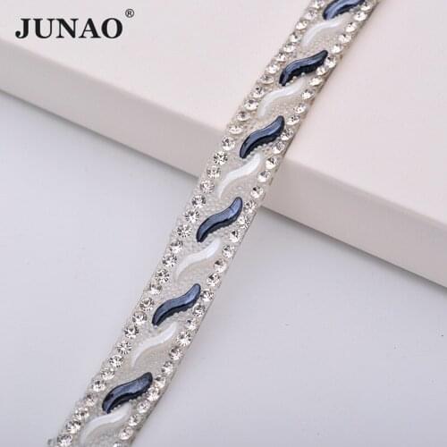 JUNAO 5 Yard*10mm White Black Hotfix Pearl Rhinestone Ribbon Tape Glass Crystal Decoration Trim Iron On Applique for Clothes