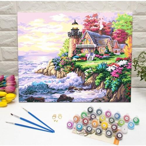 Framed Seaside Villa Oil Painting by Number Hand Painted Canvas Wall Art For Living Room Decoration Wall Art 40x50cm Unique Gift