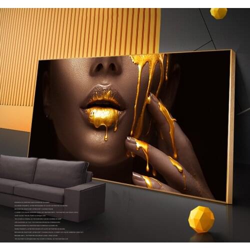 Large Size Golden Sexy Lips Modern Art Posters And Prints African Woman Art Paintings On the Wall Black Woman Canvas Pictures