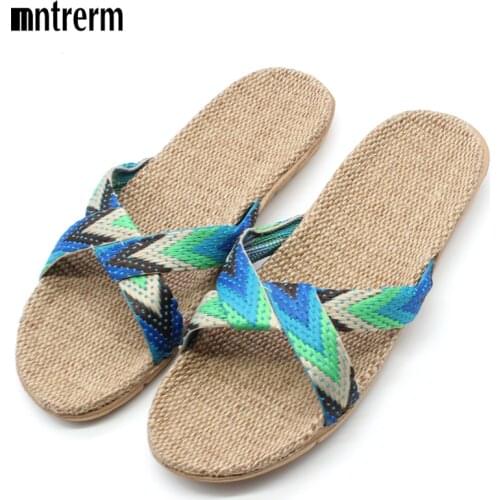 Mntrerm Hot 2020 New Candy Color Flax Home Slippers Striped Cut-outs Summer Indoor Slippers Flats Soft Cool Women Linen Slipper