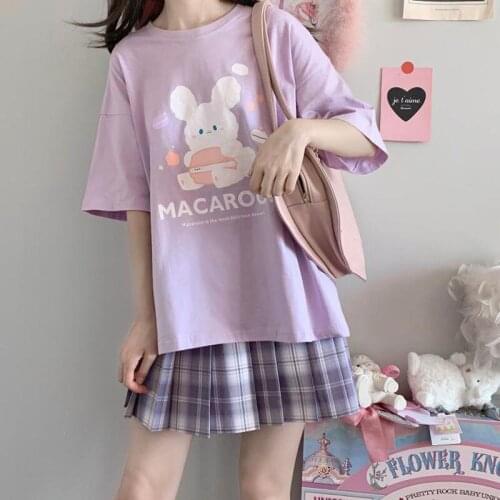 Cute Cartoon Sweet Girls Japanese Harajuku Kawaii Casual Tops Loose Little Rabbit Print Summer 100% Cotton Women T-Shirt