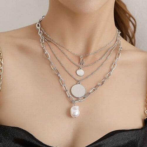 Punk Multilayer Thick Chains Baroque Pearl Round Sequins Letter Pendant Necklace Women Geometric Party Jewelry Necklaces Kolye
