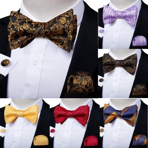Men Fashion Gold Black Bowtie Self Tie Bow Tie Men Formal Dress Wedding Bowtie Set Pocket Square Cufflinks Men Gift DiBanGu