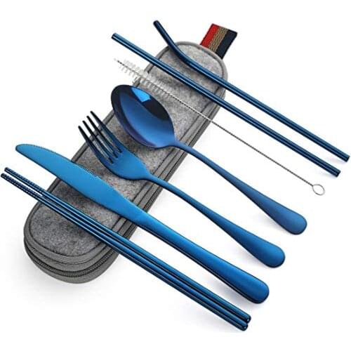 7PCS Dinnerware Set Travel Cutlery Set Reusable Tableware with Metal Straw Spoon Fork Chopsticks Kitchen Accessory with Case