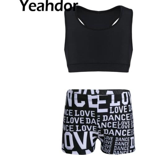 New Kids Girls Ballet Dance Set Dancewear Gym Workout Sports Suit Tankini Outfit Tanks Tops with Letters Printed Bottoms Suit
