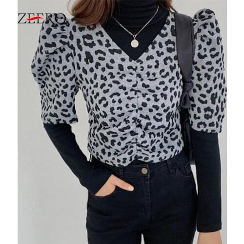 Spring Women Leopard Puff Half Sleeve V-Neck Short T-Shirt +Black Stand-up Collar Long Sleeve Top Set Base Pullover 2 Piece Suit