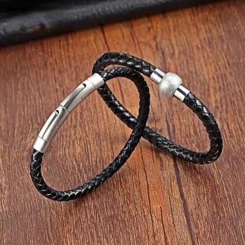 Stainless Steel Bracelet Vintage Mens Hand Woven Leather Bracelet Simple Style Black Classic Mens Bracelet Birthday Gift