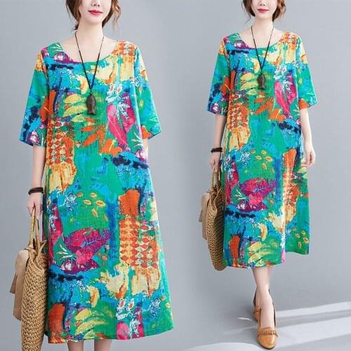 2021 Women Spring Summer Elegant Print Dresses Female Half Sleeve O-Neck Long A-line Dress Lady Casual Slim Pleated Vestido J102