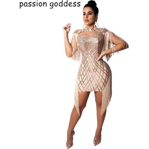 Fashion 2020 Summer Womens Short Sexy Bodycon Hollow Out Mesh Dress Sequined Tassel Patchwork Sheath Mini Party Club Dresses