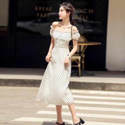 2021 Summer Daily Wear Short Sleeve Dress Female French Wood Ears Short Puff Sleeve Mid-length Polka Dot Casual Dress For Women