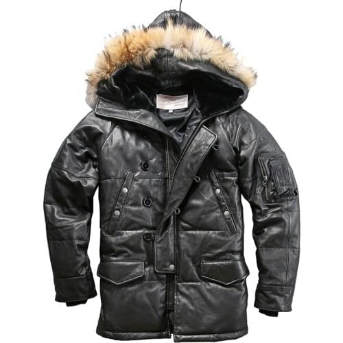 018 Read Description! High Quality Super Warm Genuine Mens Sheep Skin Duck Down Leather Coat