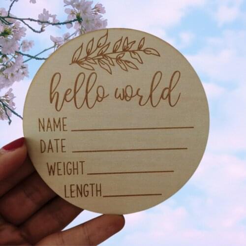 20pcs Hello World Disc Baby Birth Announcement Wood Sign Engraved Etched Wooden milestone Card