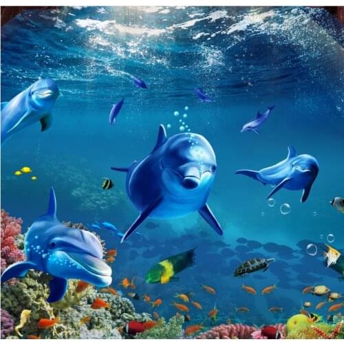 3D Flooring Adhesive Wall paper Dolphin 3D Wallpapers For Wall Living Room Bedroom Vinyl Flooring Bathroom Photo Mural