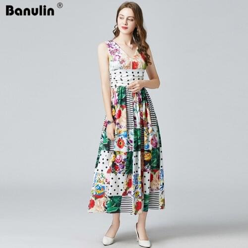 Banulin 2021 Summer Fashion Designer Vacation Maxi Dress Women V-Neck Ruched Floral Print Spaghetti Strap Elegant Party Dress