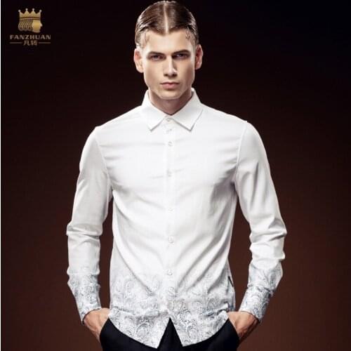 Free Shipping New fashion casual male man mens personality gradient printed slim white long sleeved shirt FanZhuan DP 612145