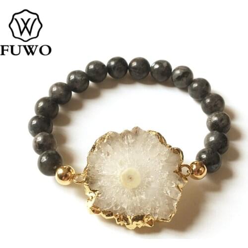 FUWO Natural White Stalactite Labradorite Bracelet with Gold Trimmed 8mm Round Beads Crystal Bracelets Jewelry For Women BR251