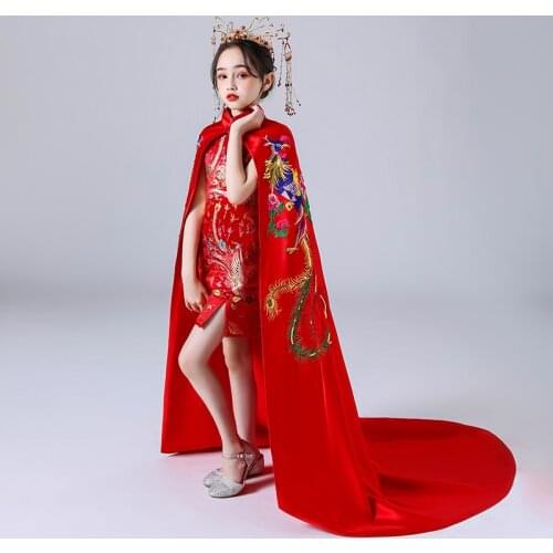 Children Summer Satin Cheongsam Red Embroidery Phoenix Wedding Dress Princess Flower Girl Kids Party Evening Dresses With Shawl