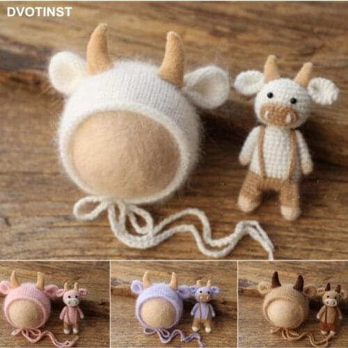 Dvotinst Newborn Baby Photography Props Knitted Crochet Soft Cute Cow Doll Hat Bonnet 2pcs Fotografia Studio Shoots Photo Props