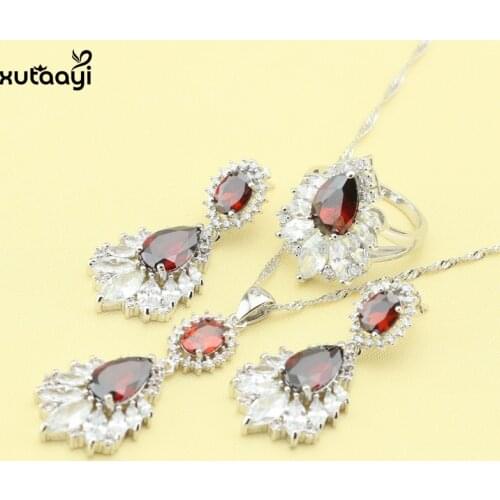 XUTAAYI Sterling Silver colorcolor Overlay Jewelry Sets Red Stones Cubic Zirconia Superb Necklace/Rings/Earrings Wedding Jewelry