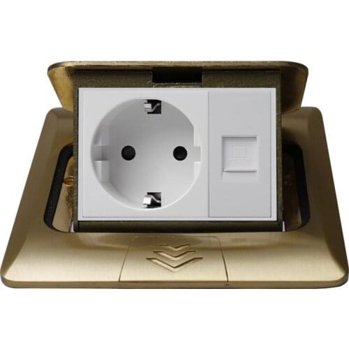 KEKA All copper Gold Panel slow Pop Up Table Floor Socket 16A EU Germany Standard Power Outlet With computer network rj45 socket