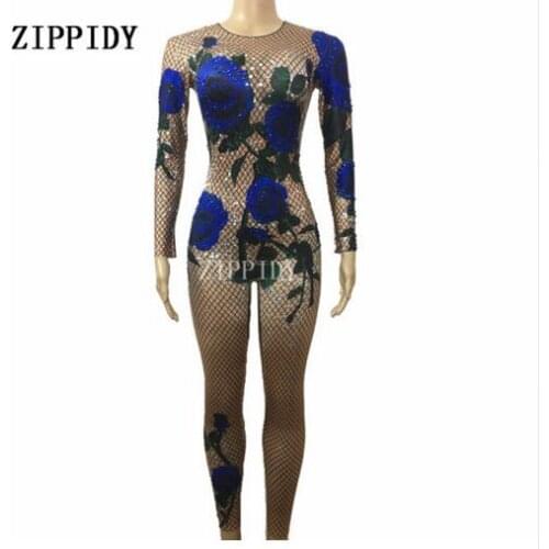 Fashion Blue Rose Flower Printed Colorful Rhinestones Bodysuit Performance Party Birthday Celebrate Shining Costume Dance Wear