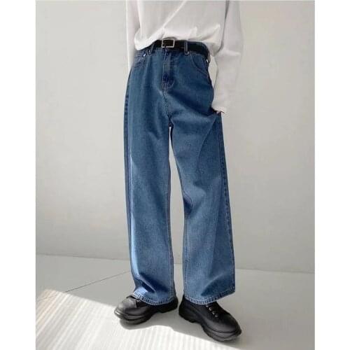 2021 Mens Retro Style Wash Jeans Denim Straight Casual Pants Loose Wide Leg Pants Fashion Trend Baggy Blue Color Trousers