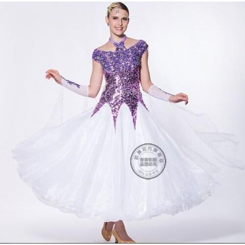 Customize shiny purple white standard rhinestone Waltz tango Fox trot ballroom Quick step dress competition woman lady girl