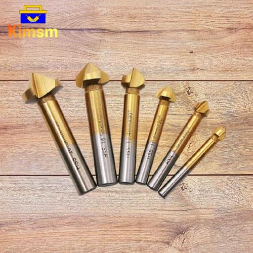 6PCS Set 90 Degree Three Edge Chamfering Cutter For Woodworking End Mill Tool Titanium Plating Core Drill Bit Alloy Hole Opener