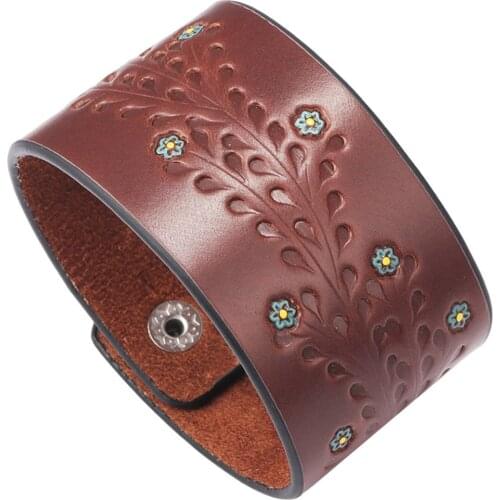Punk Simple Casual Flower Vintage Wide Handmade Leather Cuff Bangle Male Men Bracelets Fashion Jewelry Wholesale Accessories