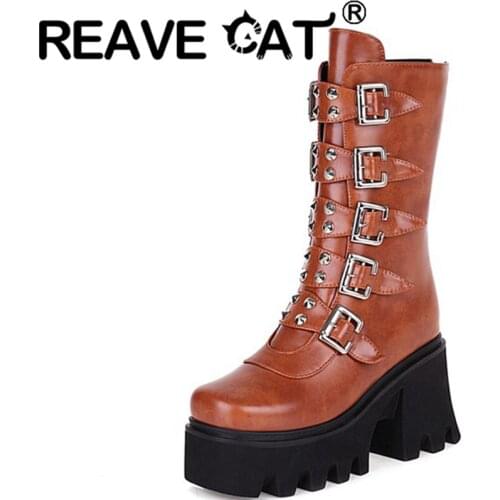 REAVE CAT 2021 Mid Calf Womens Motorcycle Boots Rhinestone Belt Buckle Round Toe Zip 8CM High Thick Heel Big Size 35-47 A4161