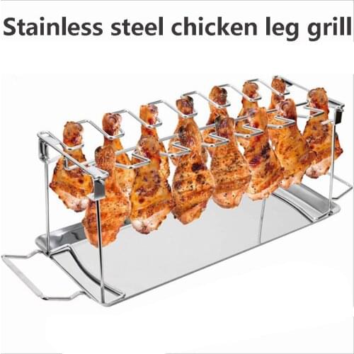 BBQ Beef Chicken Leg Wing Grill Rack 12 Slots Stainless Steel Barbecue Drumsticks Holder Smoker Oven Roaster Stand with Drip Pan