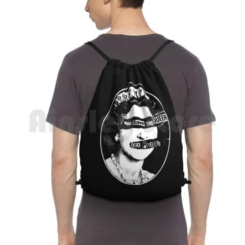 God Save The Queen Backpack Drawstring Bag Riding Climbing Gym Bag Pistols God Queen Vintage Retro Punk Vinyl Record Music