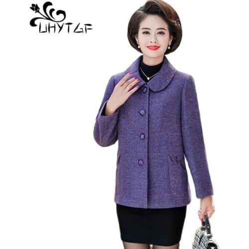 UHYTGF Elegant Mother Spring Autumn Woolen Coat Fashion Single-Breasted Loose 5XL Plus Size Jacket Womens Casual Short Tops 1742