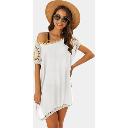 Womens Feature Hand Hook Flower Stitching Irregular Loose Beach Sunscreen Blouse White One Size