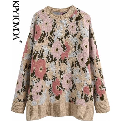 KPYTOMOA Women 2021 Fashion Oversized Floral Jacquard Knitted Sweater Vintage O Neck Long Sleeve Female Pullovers Chic Tops